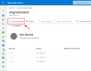 Schermopname van de blade migratietaak met een markering rond de opdracht om de taak te starten. Ook worden de geselecteerde back-ups weergegeven die zijn gepland voor migratie.