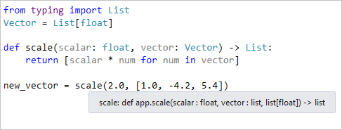 Hovering over a function call to reveal type hints