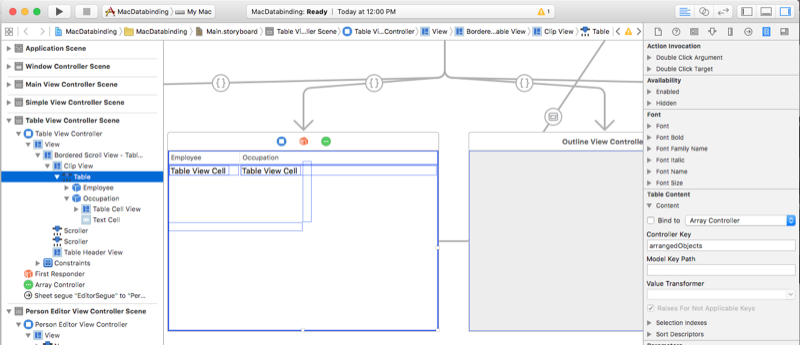 Selecting the Table View and Binding Inspector.