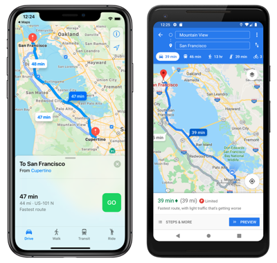 Native map app directions Screenshot of native map app route, on iOS and Android