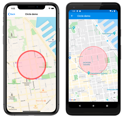 Circle on a map "Screenshot of a map circle, on iOS and Android"