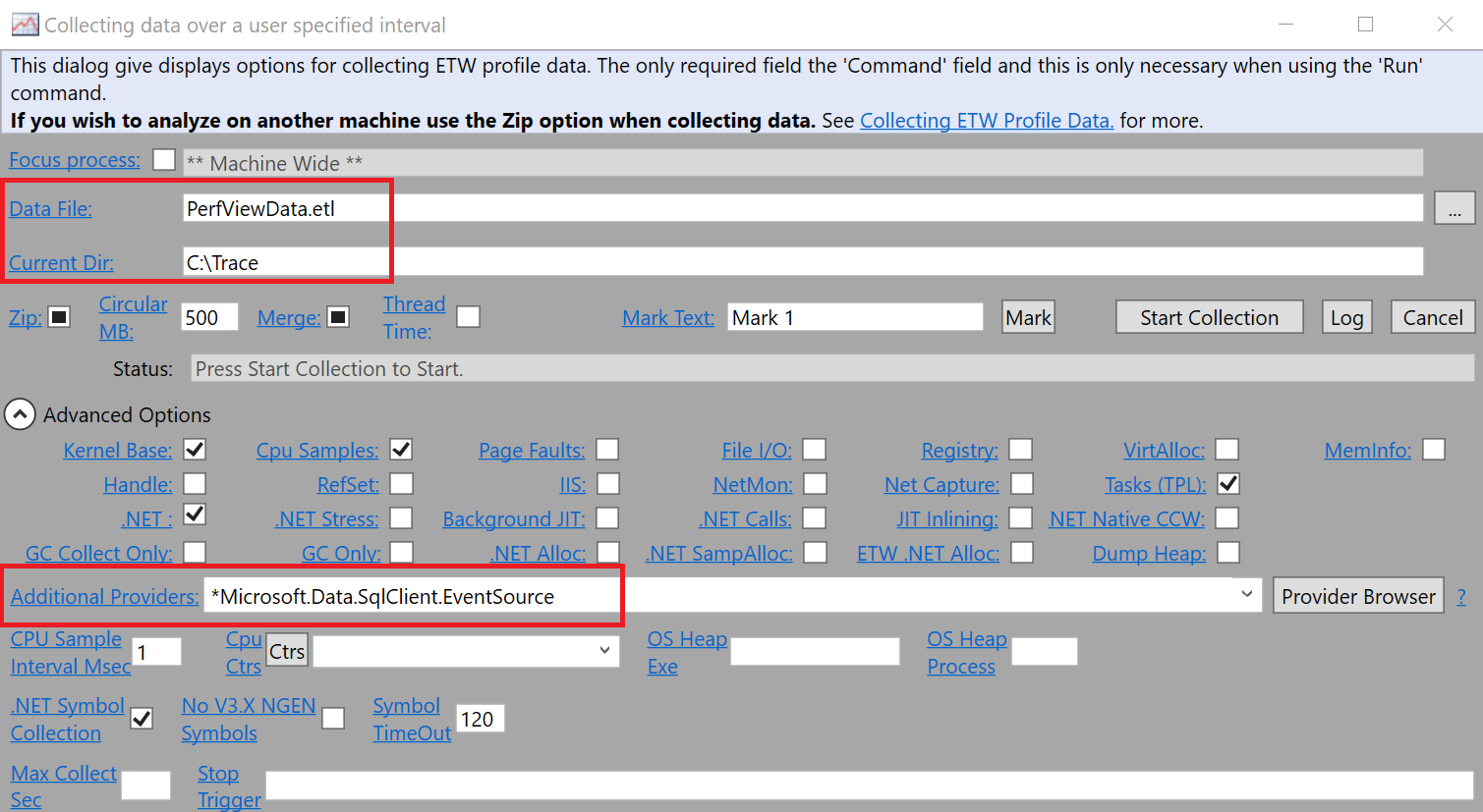 Perfview configureren vóór verzameling