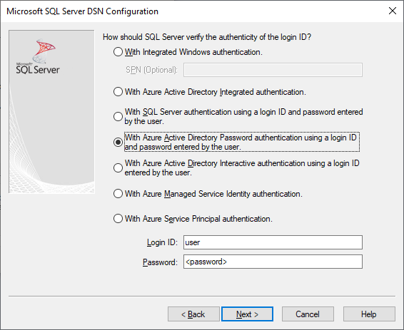 Het scherm voor het maken en bewerken van DSN met Microsoft Entra-wachtwoordverificatie geselecteerd.