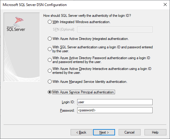 Het scherm voor het maken en bewerken van DSN met microsoft Entra-service-principalverificatie geselecteerd.