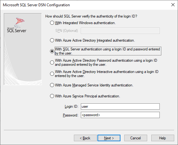 Het scherm voor het maken en bewerken van DSN met SQL Server-verificatie geselecteerd.