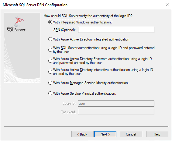 Het scherm voor het maken en bewerken van DSN met geïntegreerde Windows-verificatie geselecteerd.