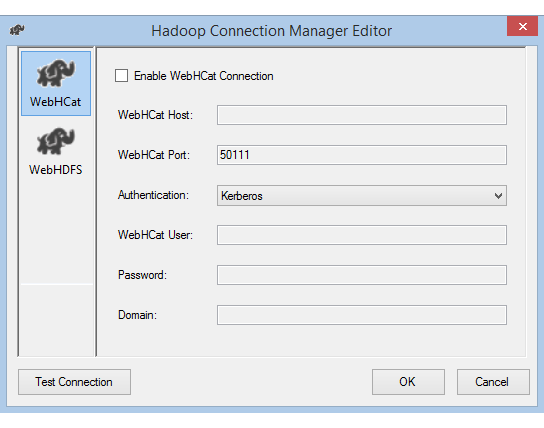 Schermopname van De Hadoop Connection Manager-editor met Kerberos-verificatie