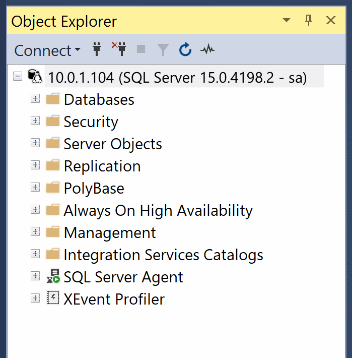 Schermopname van objectverkenner die is verbonden met het database-exemplaar.