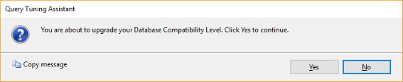Schermopname van QTA Stap 2 Substep 2: compatibiliteitsniveau van de database upgraden.