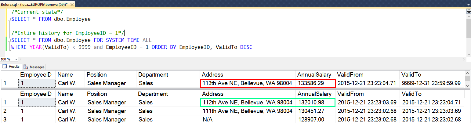 Screenshot showing the state of the row before and after the procedure invocation