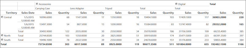 Schermafbeelding met een uitgevouwen Report Builder matrixrapport.