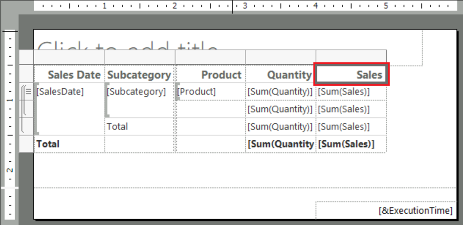 Schermafbeelding waarin wordt getoond hoe u de kolomkop Verkoop in het geopende tabelrapport selecteert in Report Builder.