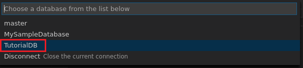 Screenshot of Visual Studio code G U I , choosing a database.