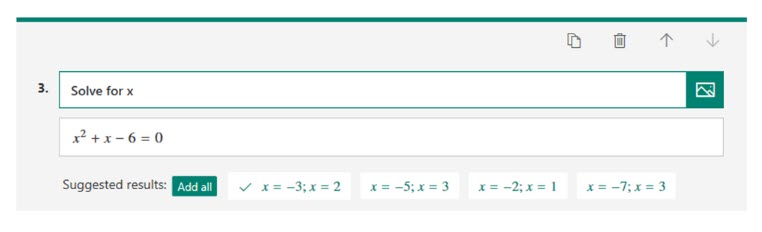 Schermafbeelding met de voorgestelde antwoordresultaten in Microsoft Forms voor de vergelijking: x kwadraat plus x min 6 is gelijk aan 0.