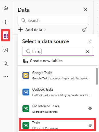 Screenshot showing the add data dialog.