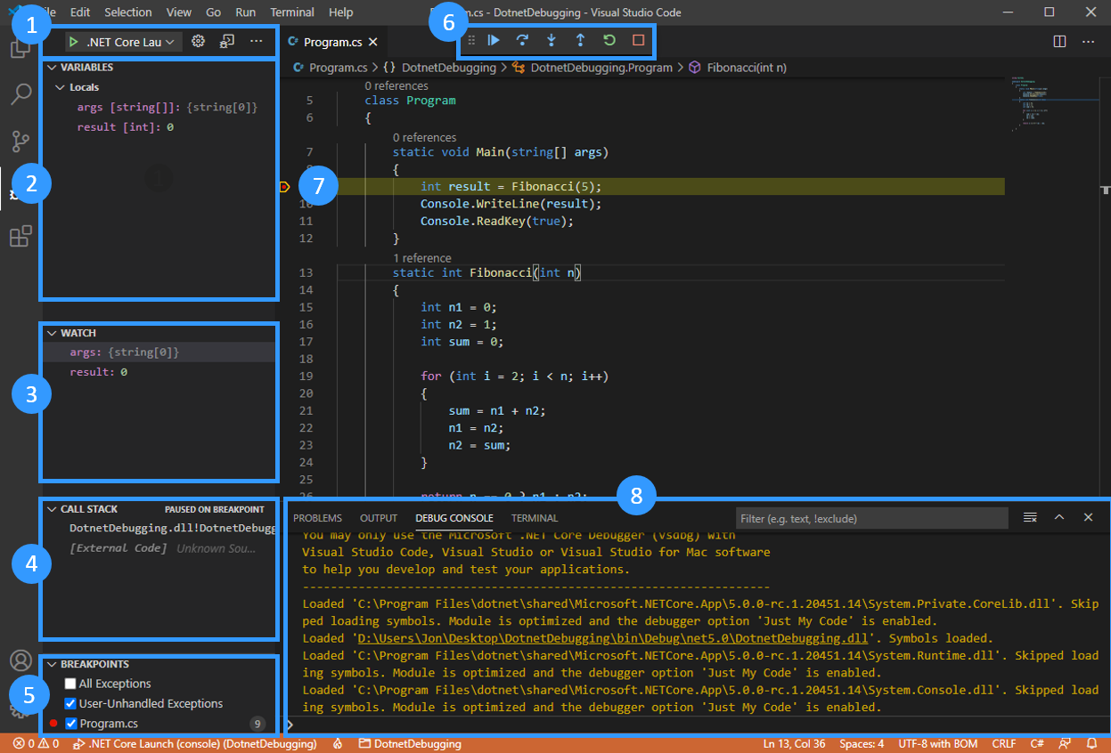 Schermopname van secties van de gebruikersinterface van visual Studio Code-foutopsporingsprogramma.