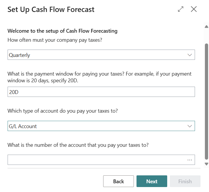 Screenshot of the Setup Cash Flow Forecast page.