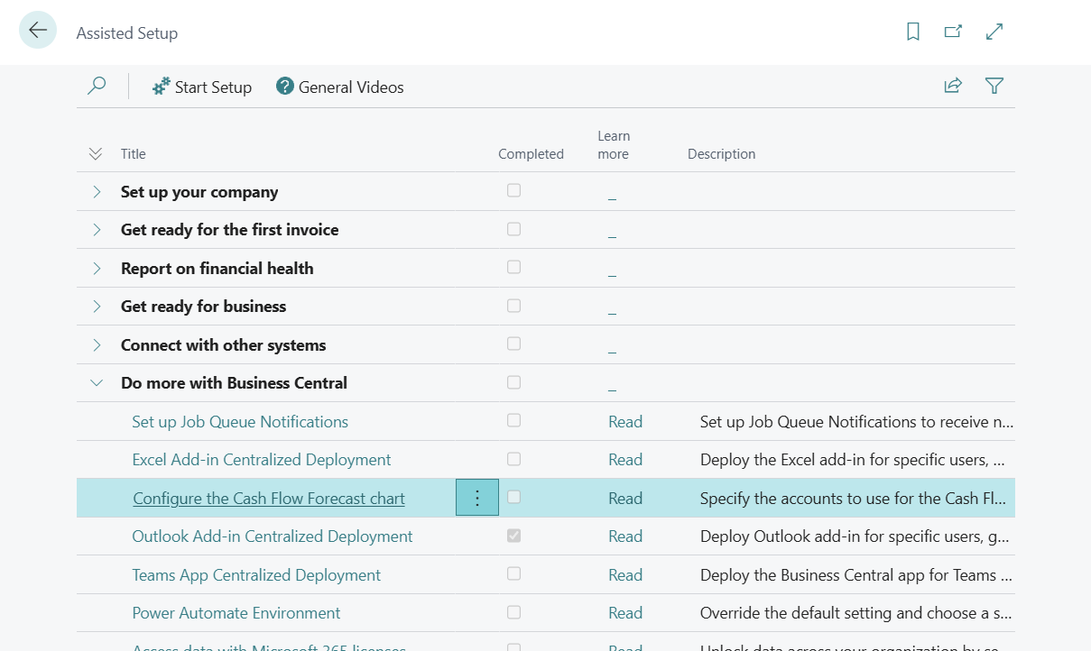 Screenshot of the Set up Cash Flow Forecast in the Assisted Setup window.