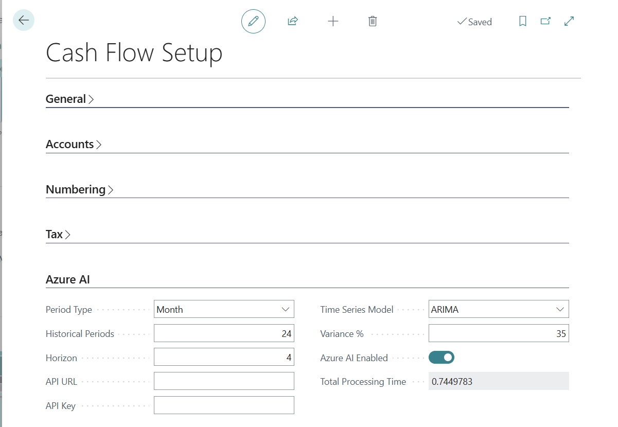 Screenshot of the Cash Flow Setup Azure AI Enable option.