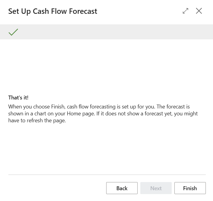 Screenshot of the set up cash flow forecast completion window.