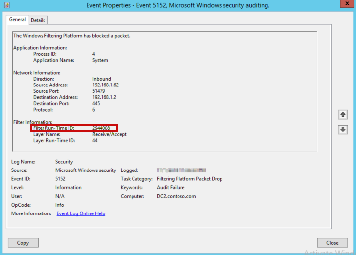 Schermopname van gebeurteniseigenschappen met filter-id.