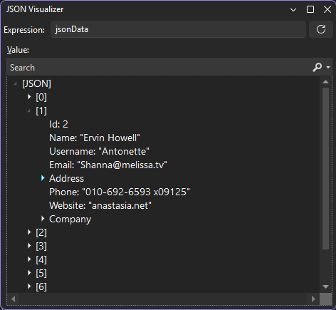 Schermopname van de JSON String Visualizer.