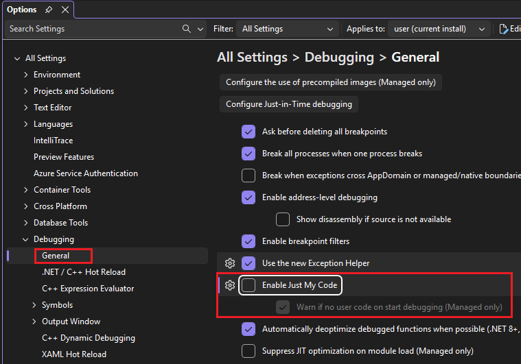 Een schermopname van de foutopsporingsinstellingen van Visual Studio.