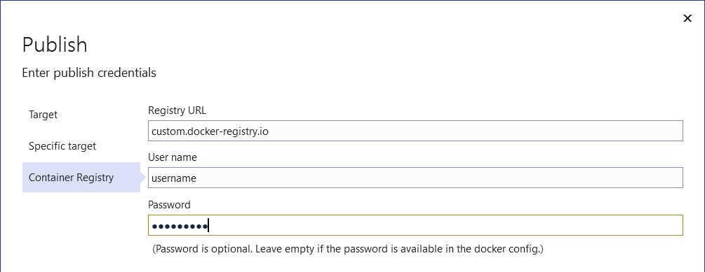 schermopname met de optie voor publiceren naar een ander Docker-containerregister.