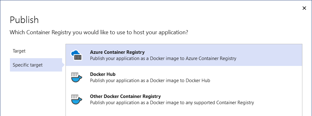 schermopname met de opties Publiceren naar Docker Container Registry.