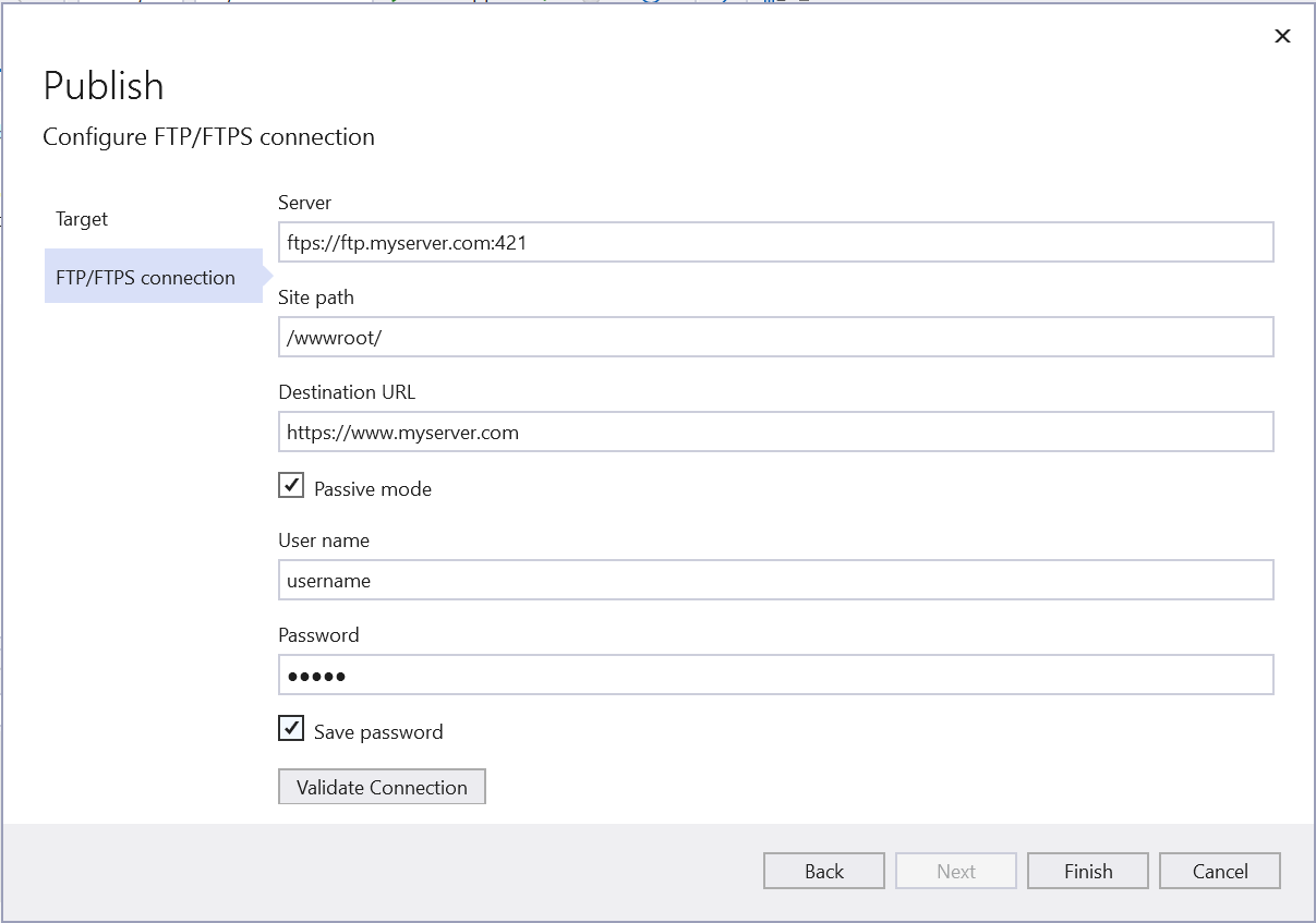 Schermafbeelding van de publicatiewizard voor het publiceren naar een FTP- of FTPS-server.