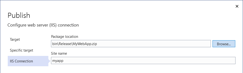 Schermopname van het Wizard Publiceren-scherm voor publicatie naar IIS met de optie Web Deploy Package.
