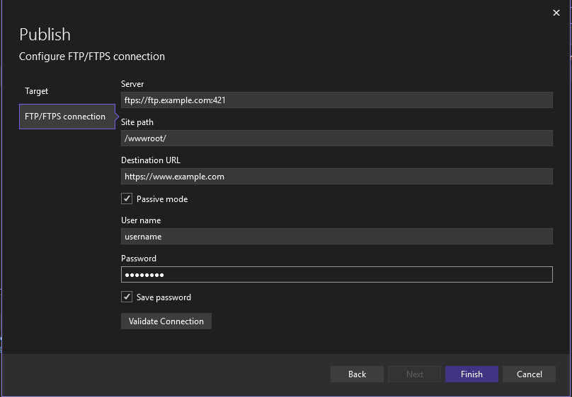 Schermafbeelding van de publicatiewizard voor het publiceren naar een FTP- of FTPS-server.