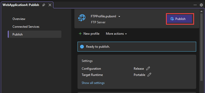 Schermopname van de voltooiing van het proces voor het publiceren naar FTP- of FTPS-server, overzichtspagina.