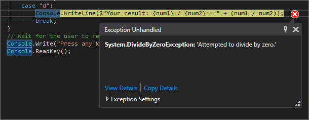 Schermopname van de Visual Studio Code-editor met een regel die geel is gemarkeerd en een Onverwerkte uitzondering voor 'Poging om te delen door nul'.