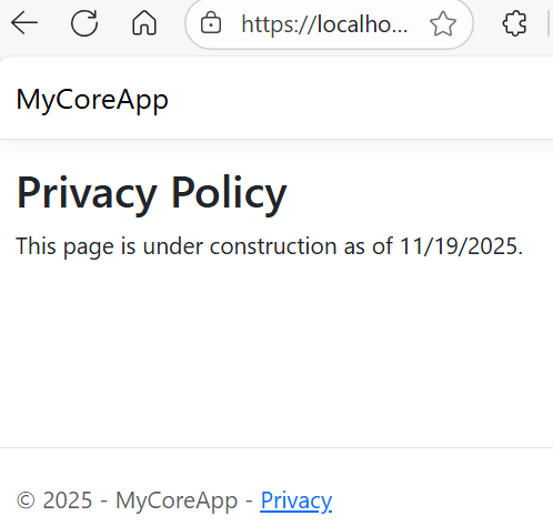 Schermopname van de privacypagina van de MyCoreApp met de wijzigingen die zijn aangebracht om de datum toe te voegen.