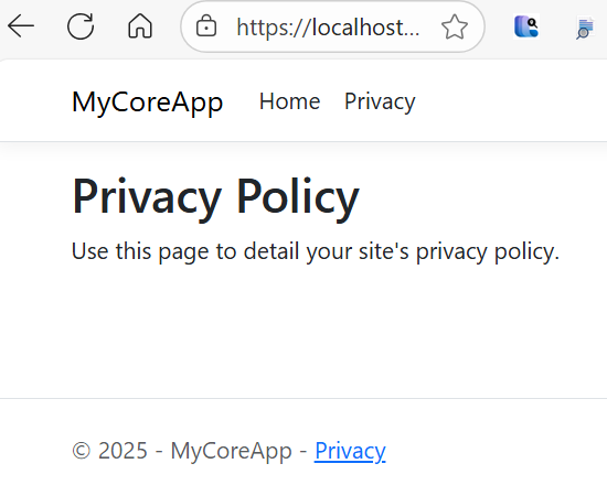 Schermopname toont de privacypagina van MyCoreApp met de volgende tekst: Gebruik deze pagina om het privacybeleid van uw site te beschrijven.