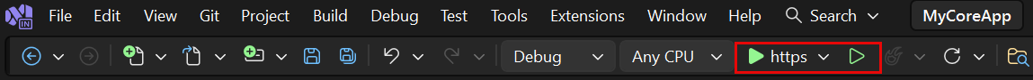 Schermopname toont de https-knop gemarkeerd in de werkbalk voor Visual Studio.
