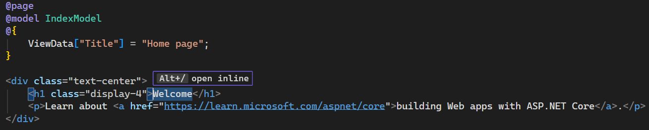 Schermopname toont het bestand Index.cshtml voor de startpagina in de Visual Studio Code-editor.
