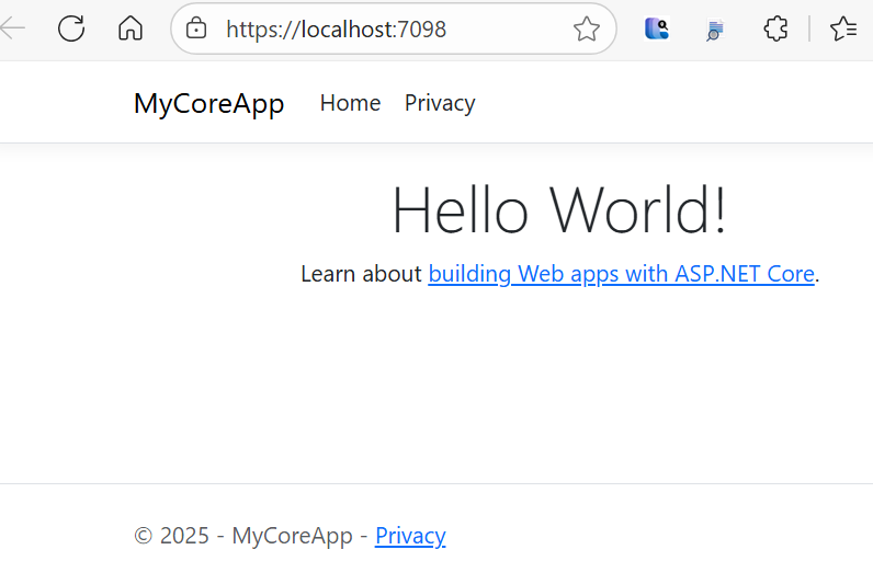 Schermopname toont de startpagina voor de web-app in het browservenster. In de bijgewerkte tekst staat 'Hallo wereld!'
