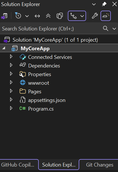 Schermopname toont het Geselecteerde MyCoreApp-project en de inhoud ervan in Solution Explorer in Visual Studio.