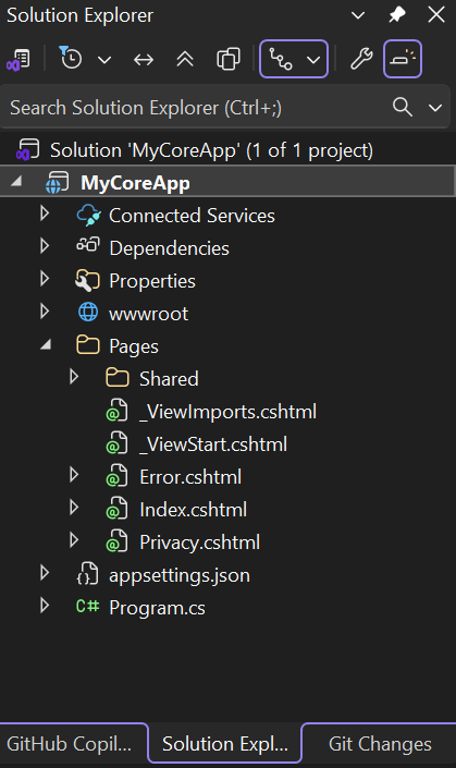 Schermopname toont de inhoud van de map Pagina's in Solution Explorer.