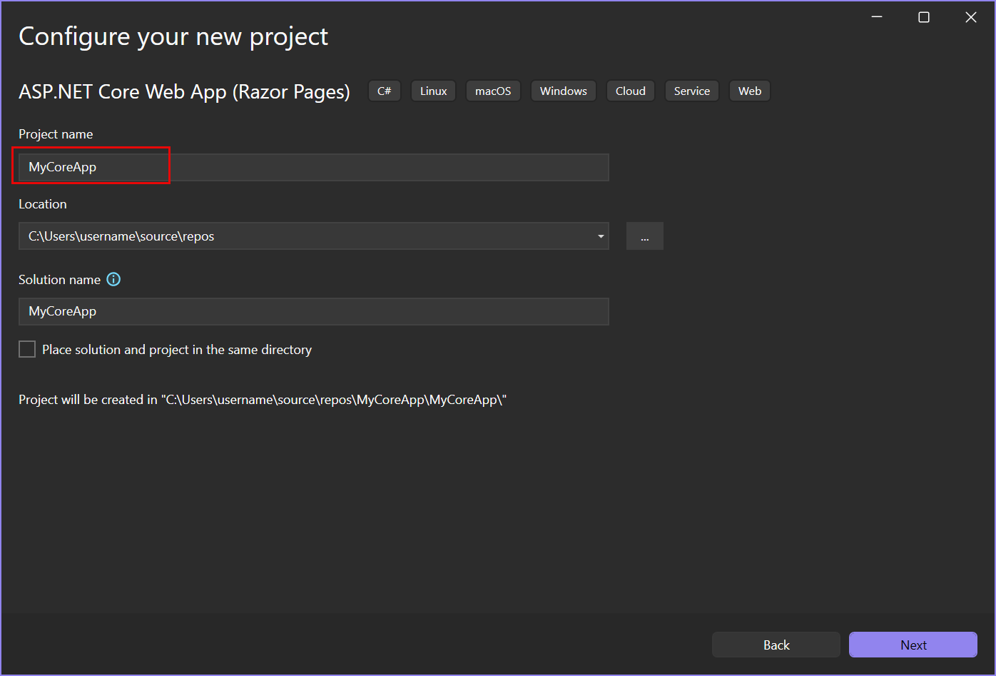 Schermopname van het venster Uw nieuwe project configureren in Visual Studio met de naam MyCoreApp in het veld Projectnaam.
