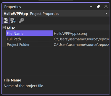 Schermopname van het venster Eigenschappen met de sectie Misc van de oplossingseigenschappen voor het HelloWPFApp-project.