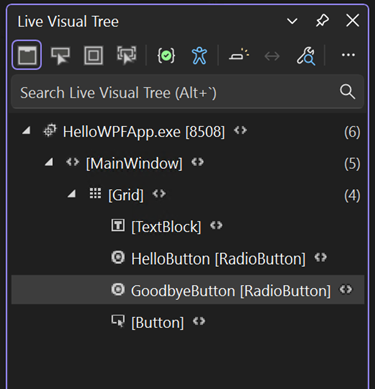 Schermopname van het venster Live Visual Tree, met de structuur van visuele elementen in HelloWPFApp.exe terwijl deze wordt uitgevoerd.