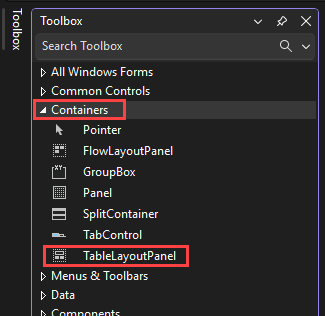 Schermopname toont de groep Containers op het tabblad Toolbox.