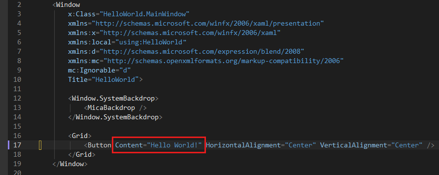 Schermopname van de XAML-code voor de knop in de XAML-editor, waarbij de waarde van de eigenschap Inhoud is gewijzigd in Hello World!