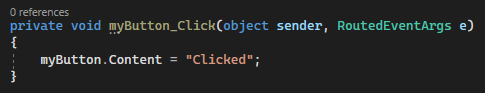 Schermopname van de C#-code voor de standaard-Button_Click gebeurtenis-handler in Visual Studio 2022.