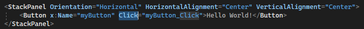 Schermopname van de XAML-code voor de knop in de XAML-editor in Visual Studio 2022 met de klik-gebeurtenis van de knop gemarkeerd.