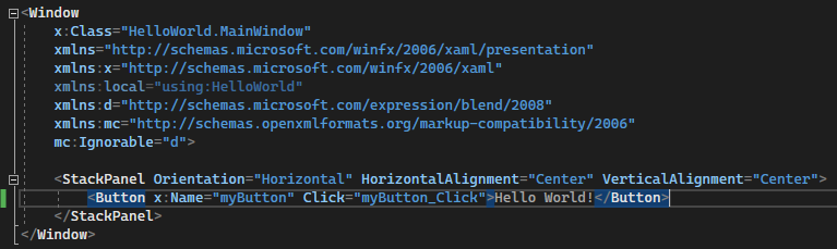 Schermopname van de XAML-code voor de knop in de XAML-editor in Visual Studio 2022, waarbij de waarde van de eigenschap Inhoud is gewijzigd in Hello World!