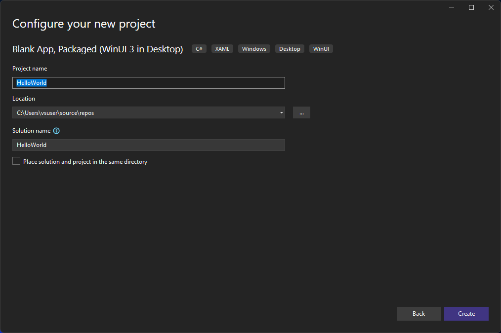Schermopname van het dialoogvenster Uw nieuwe project configureren in Visual Studio 2022 met 'HelloWorld' ingevoerd in het veld Projectnaam.